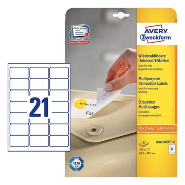 Etikett AVERY L6023REV-25 63,5X38,1 univerzális visszaszedhető 25+5 ív/doboz