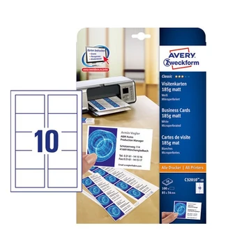 Névjegykártya AVERY C32010-10 mikroperforált él kétoldalas matt fehér él 185 g 100 címke/csomag