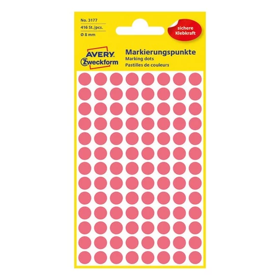 Etikett AVERY 3177 jelölőpont 8mm neon piros 416 darabos