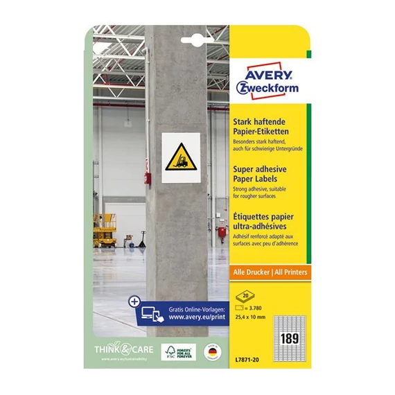 Etikett AVERY L7871-20 25,4x10 mm szuper öntapadó 20 íves