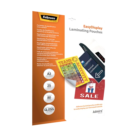 Lamináló fólia FELLOWES A/3 Admire Easy Display 80 mikron fényes öntapadó 25 darabos